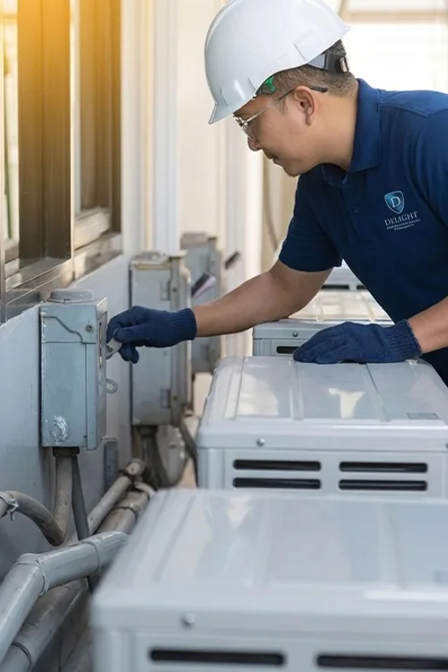 Technician servicing an air-cooled chiller by Delight IFM